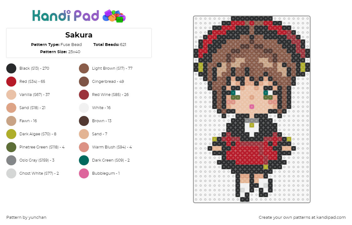 Sakura - Fuse Bead Pattern by yunchan on Kandi Pad - sakura kinomoto,cardcaptor,manga,character,anime,movie,red,brown,tan