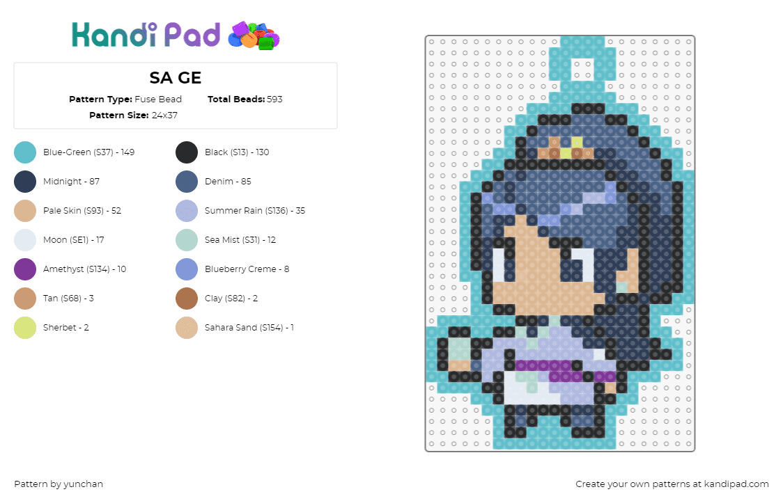 SA GE - Fuse Bead Pattern by yunchan on Kandi Pad - sage,valorant,chibi,character,video game,teal,blue,tan