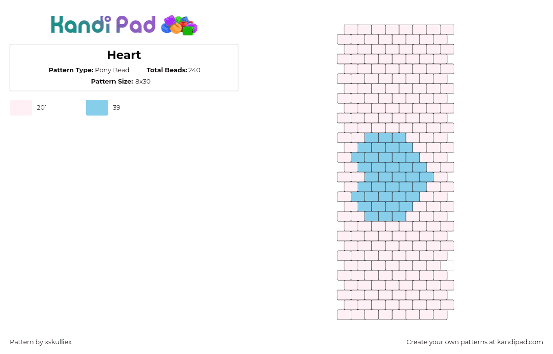 Heart - Pony Bead Pattern by xskulliex on Kandi Pad - heart,love,simple,cuff,pastel,light blue,pink