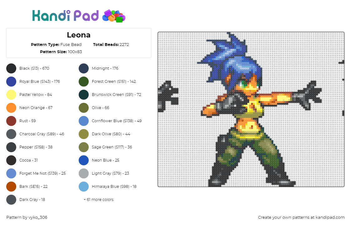 Leona - Fuse Bead Pattern by vyko_306 on Kandi Pad - leona heidern,king of fighters,character,video game,blue,yellow,green