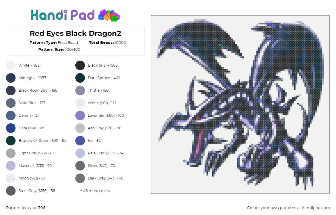 Red Eyes Black Dragon2 - Fuse Bead Pattern by vyko_306 on Kandi Pad - red eyes black dragon,yugioh,card,anime,fantasy,gaming,winged,blue,gray