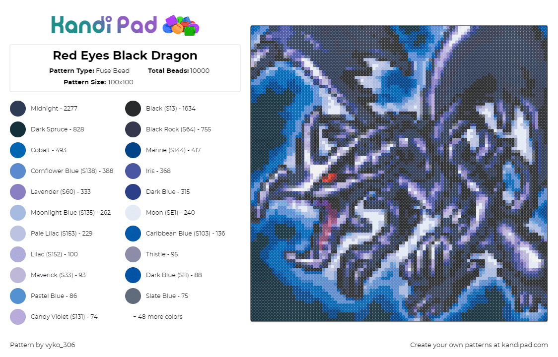 Red Eyes Black Dragon - Fuse Bead Pattern by vyko_306 on Kandi Pad - red eyes black dragon,yugioh,card,fantasy,gaming,anime,winged,blue,gray