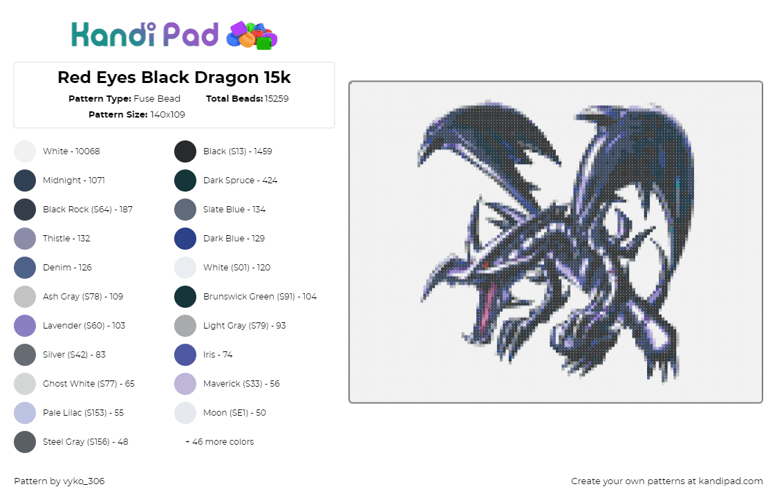 Red Eyes Black Dragon 15k - Fuse Bead Pattern by vyko_306 on Kandi Pad - red eyes black dragon,yugioh,card,anime,fantasy,gaming,winged,blue,gray