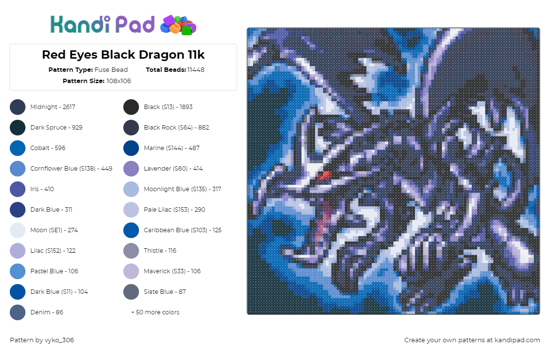 Red Eyes Black Dragon 11k - Fuse Bead Pattern by vyko_306 on Kandi Pad - red eyes black dragon,yugioh,card,anime,fantasy,gaming,winged,blue,gray