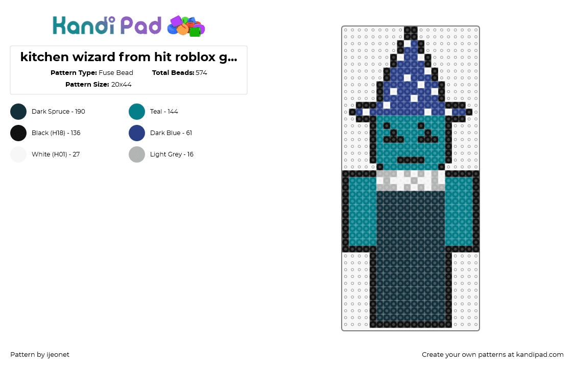 kitchen wizard from hit roblox game block tales - Fuse Bead Pattern by ijeonet on Kandi Pad - kitchen wizard,block tales,ghost chef,roblox,video game,character,hat,teal,blue