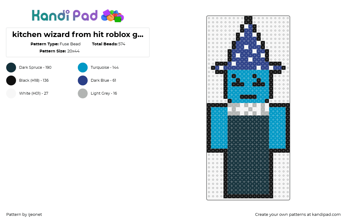 kitchen wizard from hit roblox game block tales - Fuse Bead Pattern by ijeonet on Kandi Pad - kitchen wizard,block tales,ghost chef,roblox,video game,character,hat,teal,blue