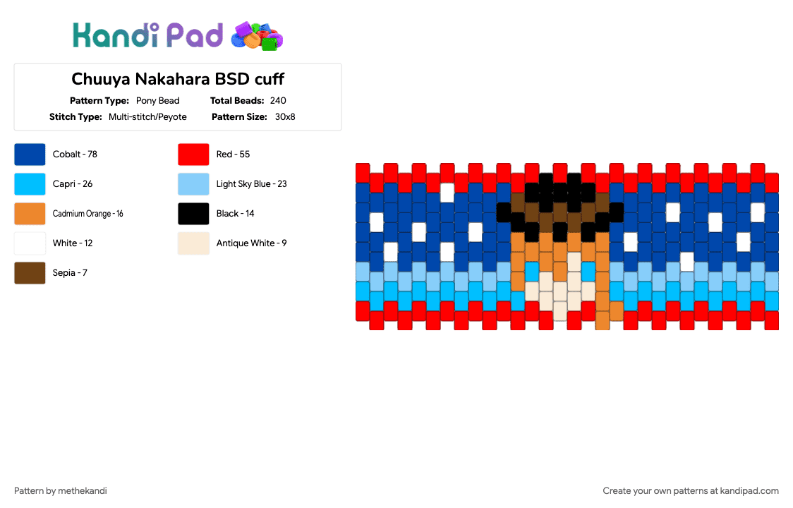 Chuuya Nakahara BSD cuff - Pony Bead Pattern by methekandi on Kandi Pad - blue, light blue, red