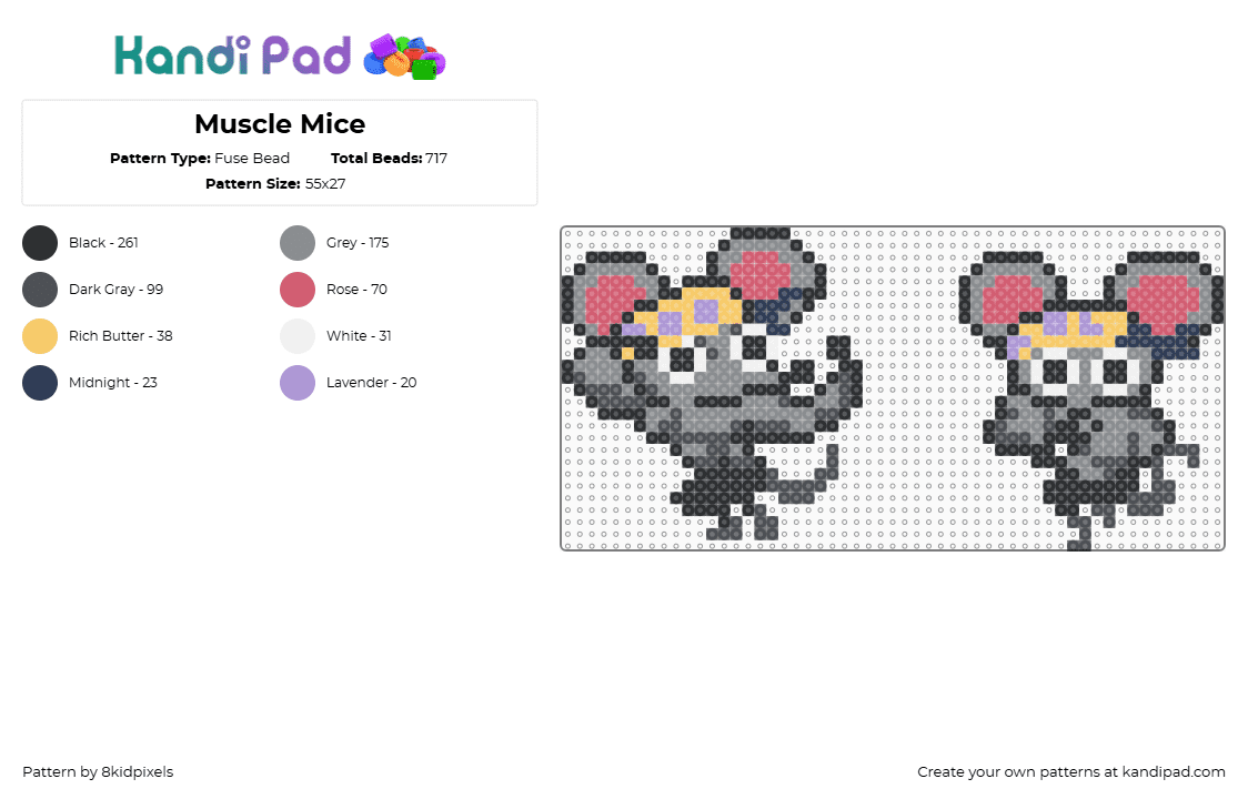Muscle Mice - Fuse Bead Pattern by 8kidpixels on Kandi Pad - gray