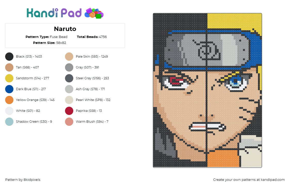 Naruto - Fuse Bead Pattern by 8kidpixels on Kandi Pad - naruto,portrait,anime,character,tv show,intense,face,tan