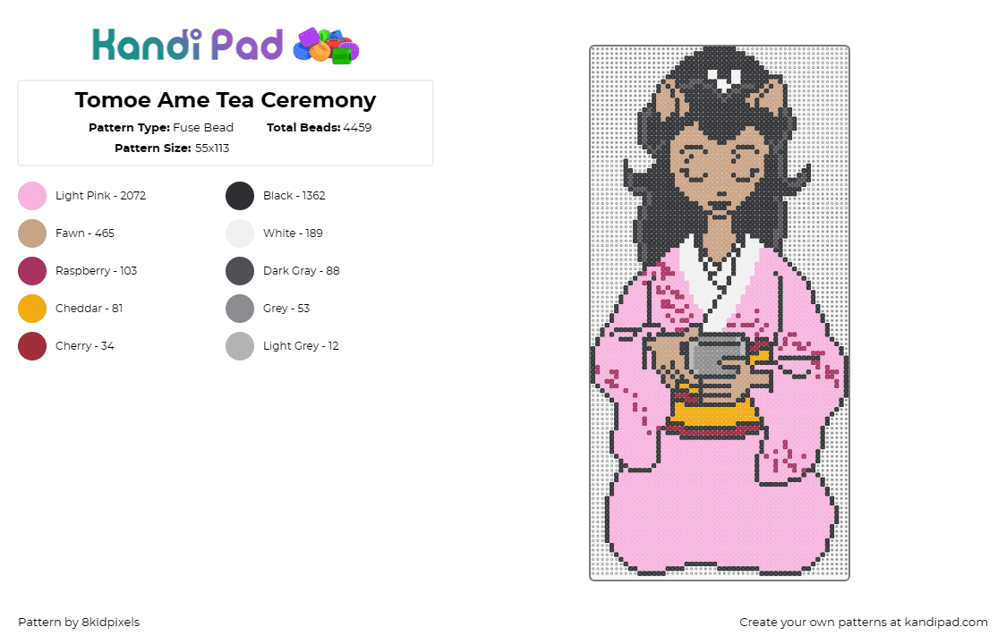 Tomoe Ame Tea Ceremony - Fuse Bead Pattern by 8kidpixels on Kandi Pad - tomoe ame,usagi yojimbo,tea,japanese,comic,manga,character,pink,tan