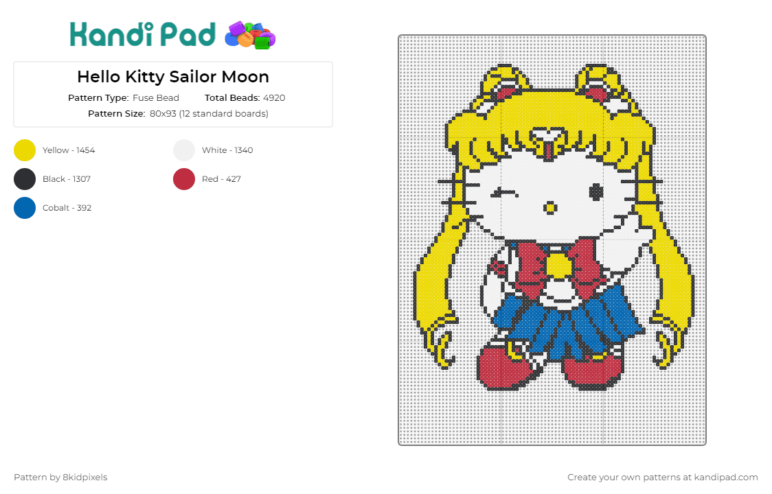 Hello Kitty Sailor Moon - Fuse Bead Pattern by 8kidpixels on Kandi Pad - hello kitty,sailor moon,sanrio,anime,mashup,character,manga,wink,white,yellow