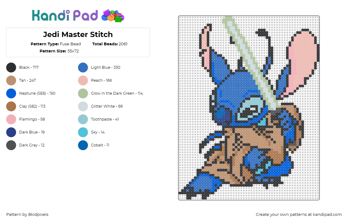 Jedi Master Stitch - Fuse Bead Pattern by 8kidpixels on Kandi Pad - stitch,star wars,lilo and stitch,crossover,character,sci-fi,mashup,blue