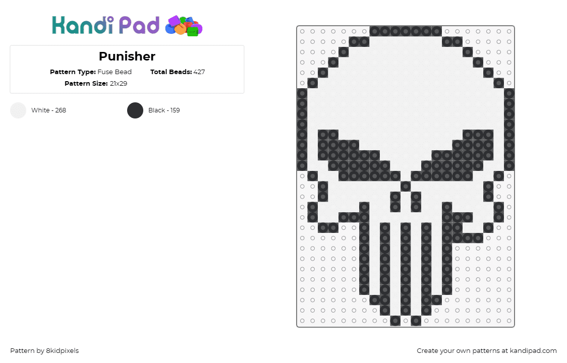 Punisher - Fuse Bead Pattern by 8kidpixels on Kandi Pad - punisher,skull,skeleton,marvel,comic,creepy,white