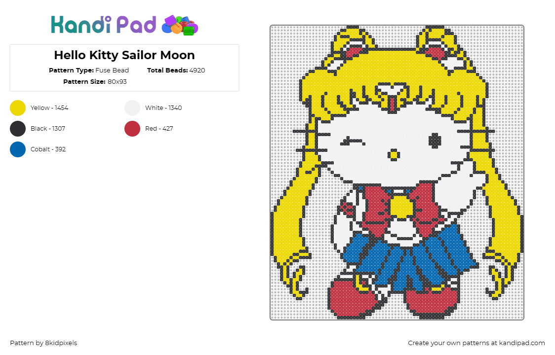 Hello Kitty Sailor Moon - Fuse Bead Pattern by 8kidpixels on Kandi Pad - hello kitty,sailor moon,sanrio,anime,mashup,character,manga,wink,white,yellow