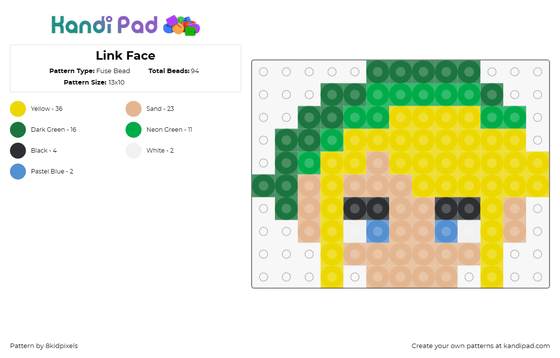 Link Face - Fuse Bead Pattern by 8kidpixels on Kandi Pad - link,legend of zelda,character,video game,adventure,blonde,green,yellow,tan