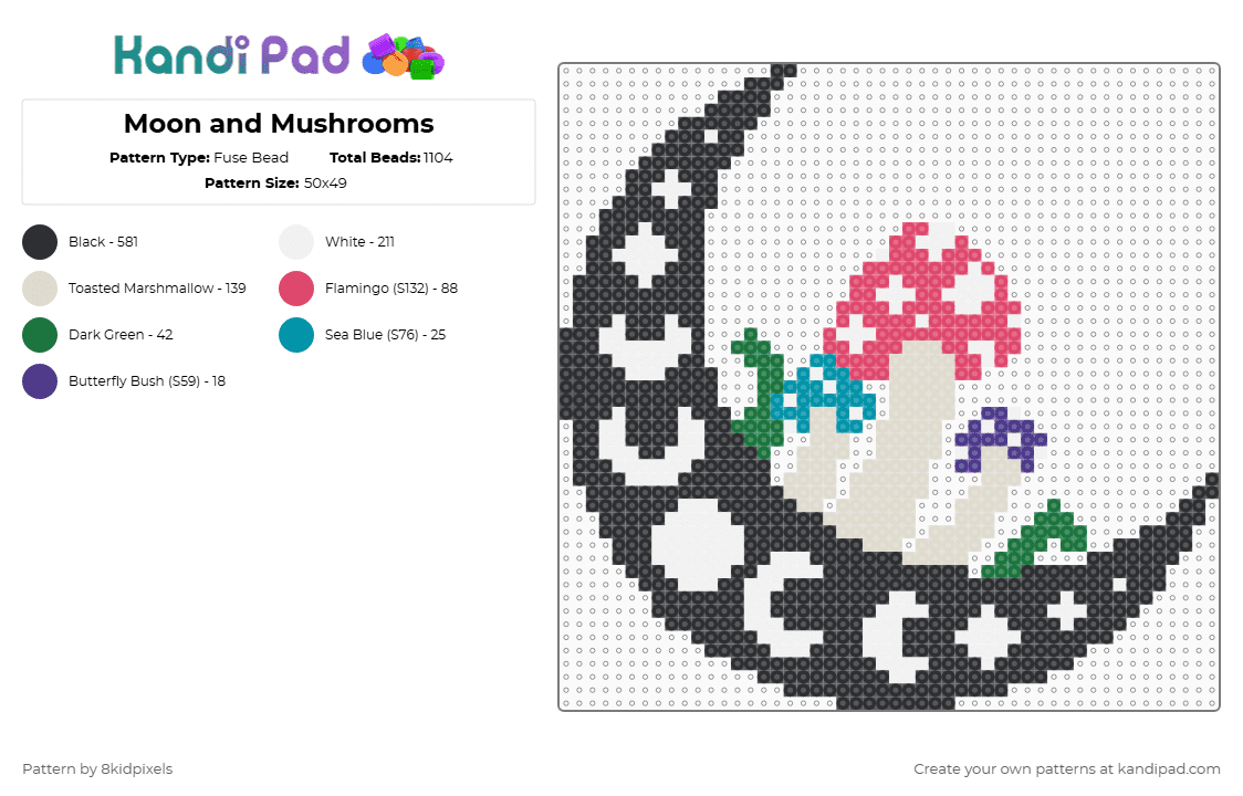 Moon and Mushrooms - Fuse Bead Pattern by 8kidpixels on Kandi Pad - black,red,beige