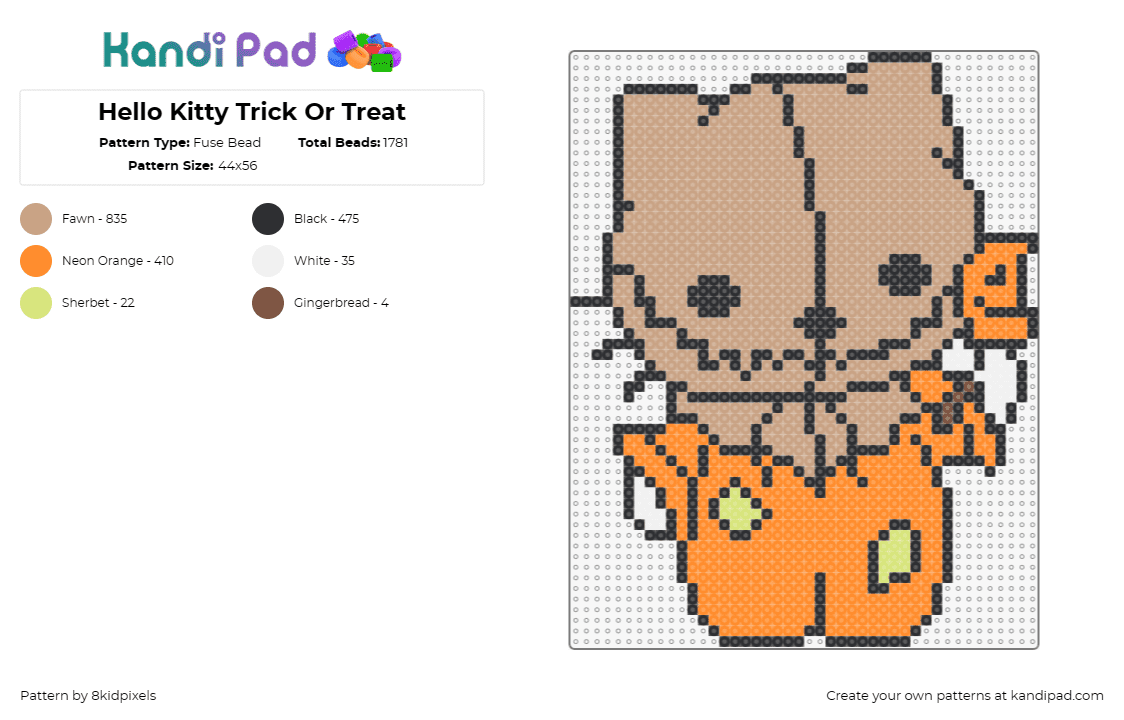 Hello Kitty Trick Or Treat - Fuse Bead Pattern by 8kidpixels on Kandi Pad - hello kitty,sam,trick r treat,mashup,character,sanrio,halloween,spooky,horror,co