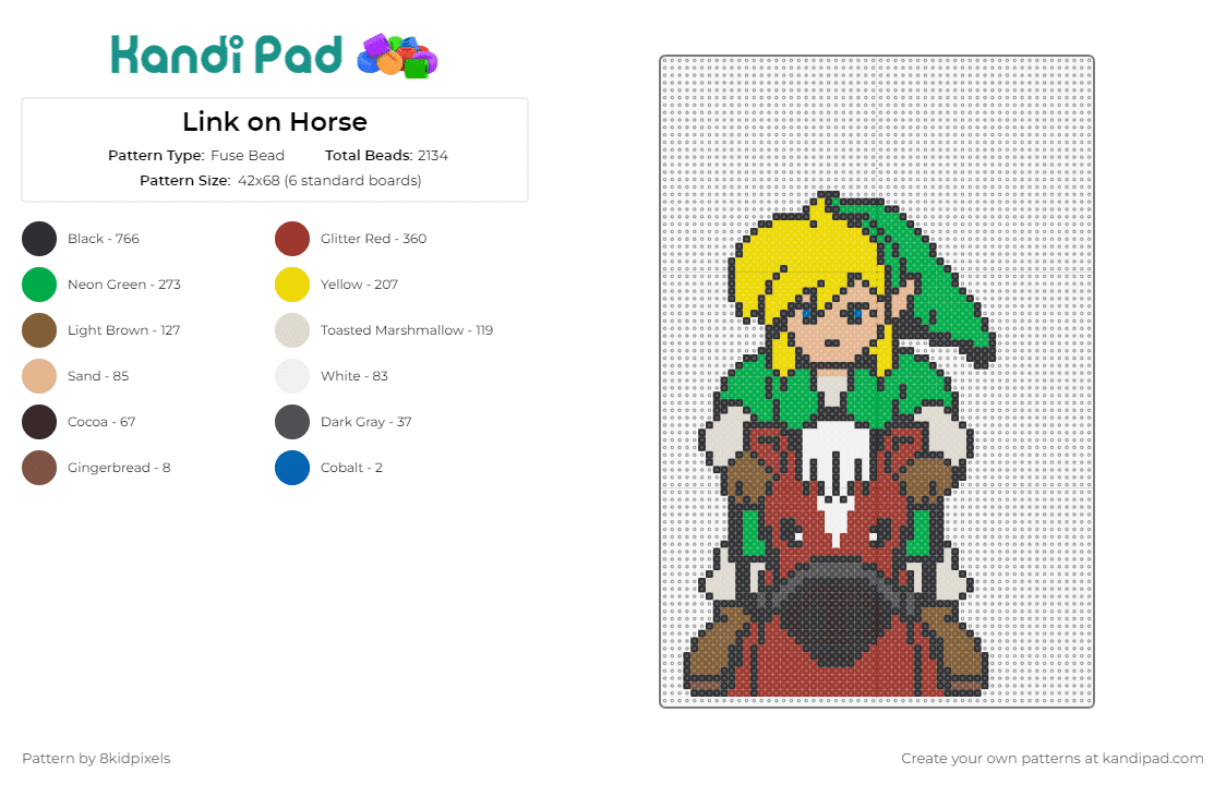 Link on Horse - Fuse Bead Pattern by 8kidpixels on Kandi Pad - link,legend of zelda,horse,video game,adventure,animal,character,brown,green