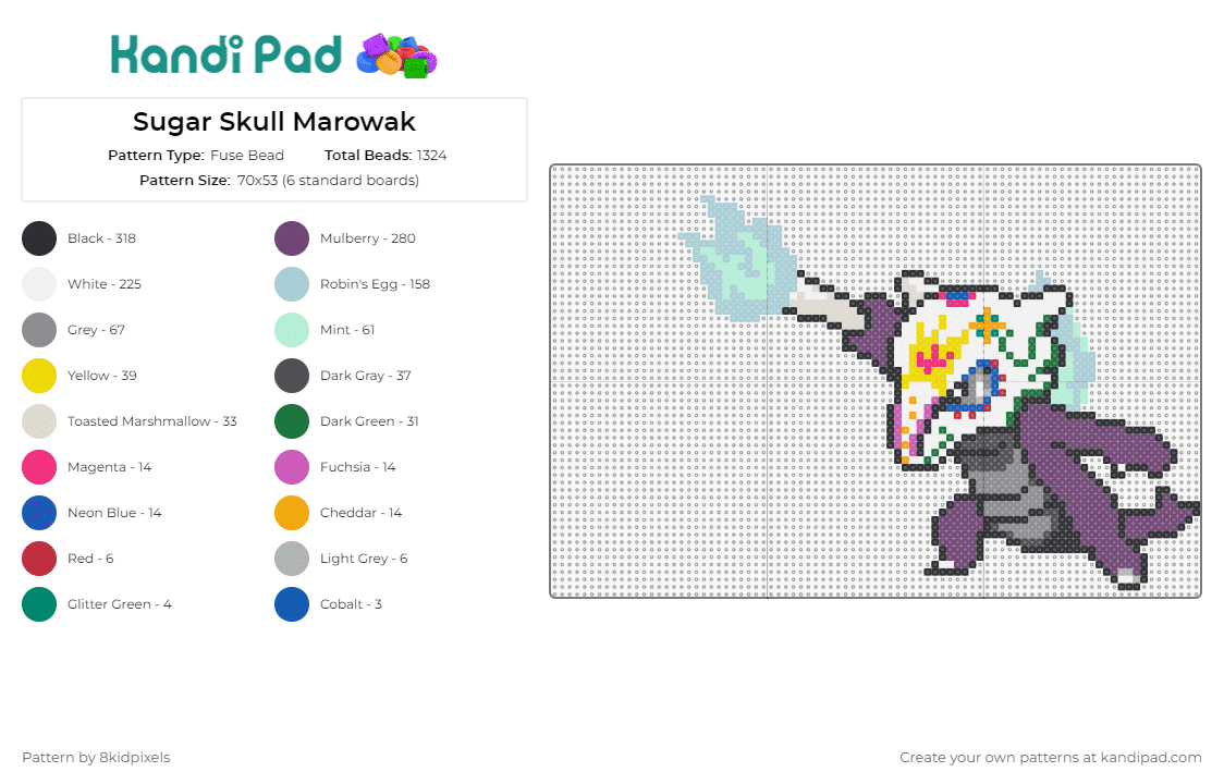 Sugar Skull Marowak - Fuse Bead Pattern by 8kidpixels on Kandi Pad - marowak,cubone,sugar skull,pokemon,purple,white,character