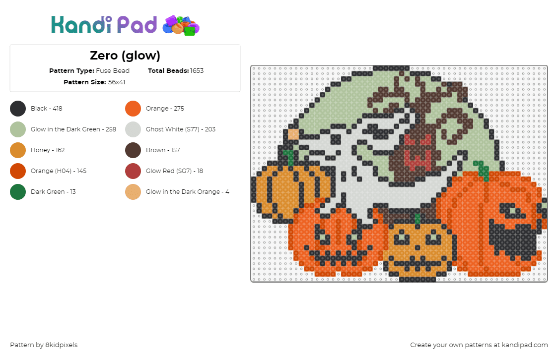 Zero (glow) - Fuse Bead Pattern by 8kidpixels on Kandi Pad - zero,halloween,animation,movie,nightmare before christmas,glow in the dark,spooky,jackolanterns,pumpkins,orange,gray,green