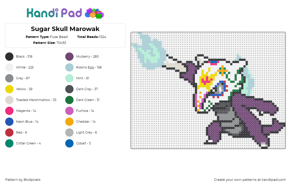 Sugar Skull Marowak - Fuse Bead Pattern by 8kidpixels on Kandi Pad - marowak,cubone,sugar skull,pokemon,purple,white,character