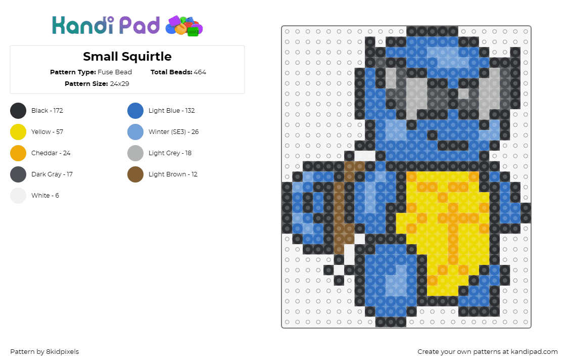 Small Squirtle - Fuse Bead Pattern by 8kidpixels on Kandi Pad - squirtle,pokemon,sunglasses,cool,starter,gaming,character,blue,yellow