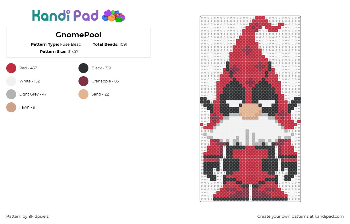 GnomePool - Fuse Bead Pattern by 8kidpixels on Kandi Pad - gnome,deadpool,marvel,superhero,comic,movie,character,funny,red,white