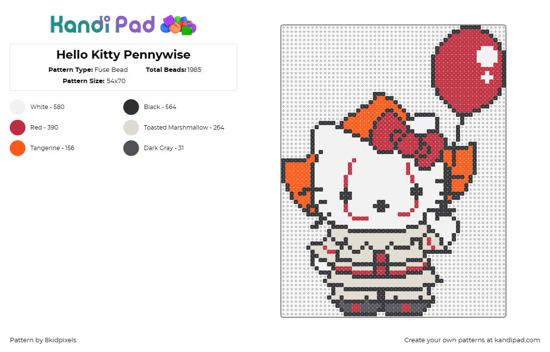 Hello Kitty Pennywise - Fuse Bead Pattern by 8kidpixels on Kandi Pad - hello kitty,pennywise,clown,it,character,mashup,sanrio,horror,halloween,balloon,