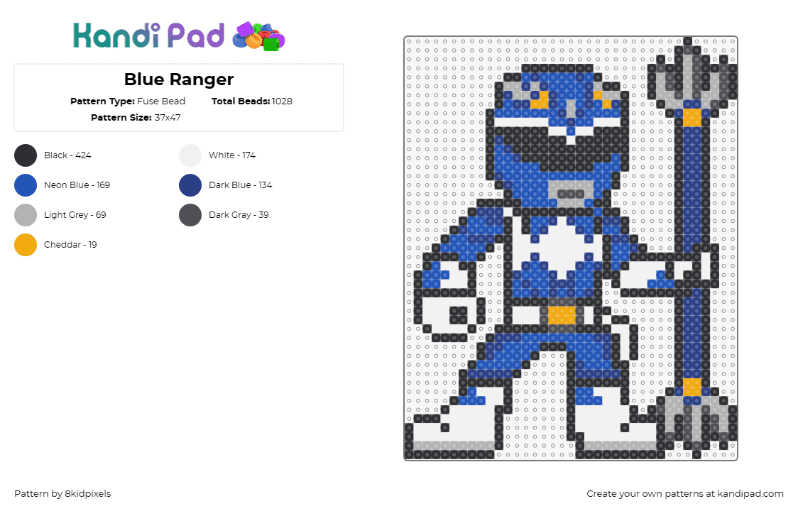 Blue Ranger - Fuse Bead Pattern by 8kidpixels on Kandi Pad - power rangers,blue,staff,weapon,character,tv show,classic,nostalgia,martial arts