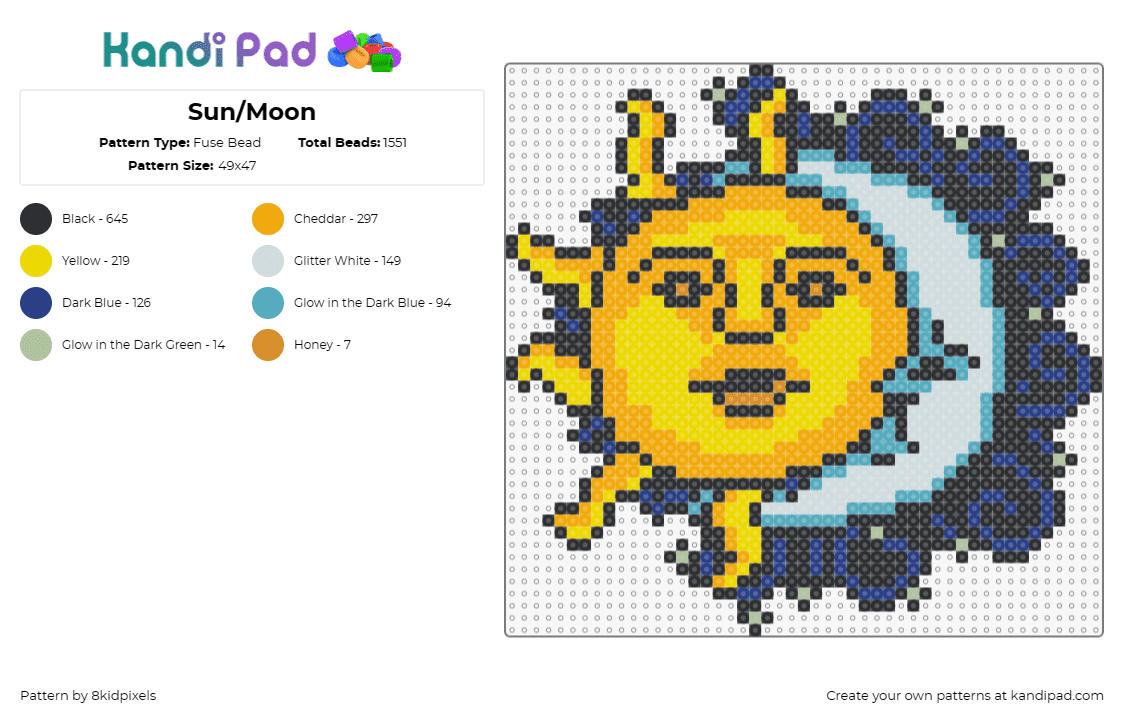 Sun/Moon - Fuse Bead Pattern by 8kidpixels on Kandi Pad - sun,moon,eclipse,sky,celestial,harmonious,playful,character,radiant,creation,blu