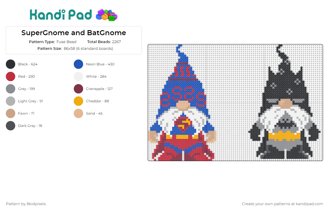 SuperGnome and BatGnome - Fuse Bead Pattern by 8kidpixels on Kandi Pad - gnome,superman,batman,superhero,dc comics
