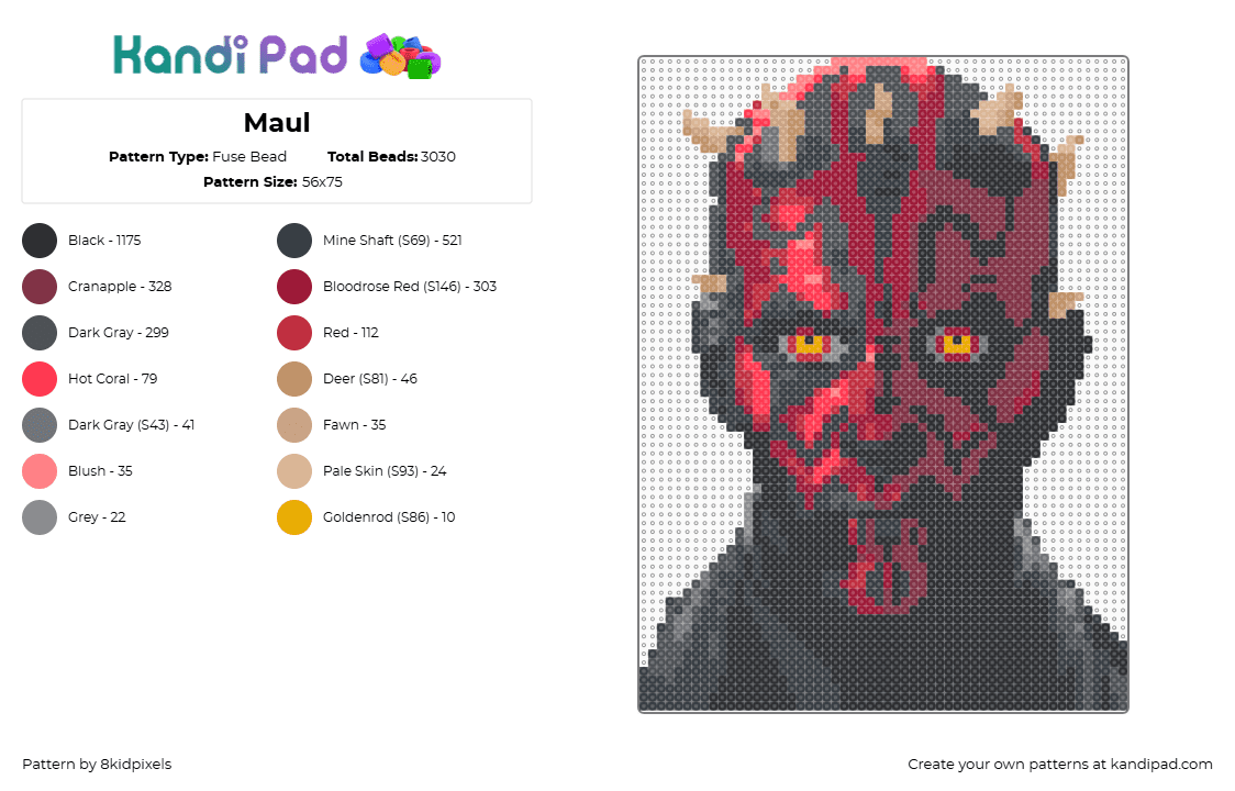 Maul - Fuse Bead Pattern by 8kidpixels on Kandi Pad - black,gray,brown,red