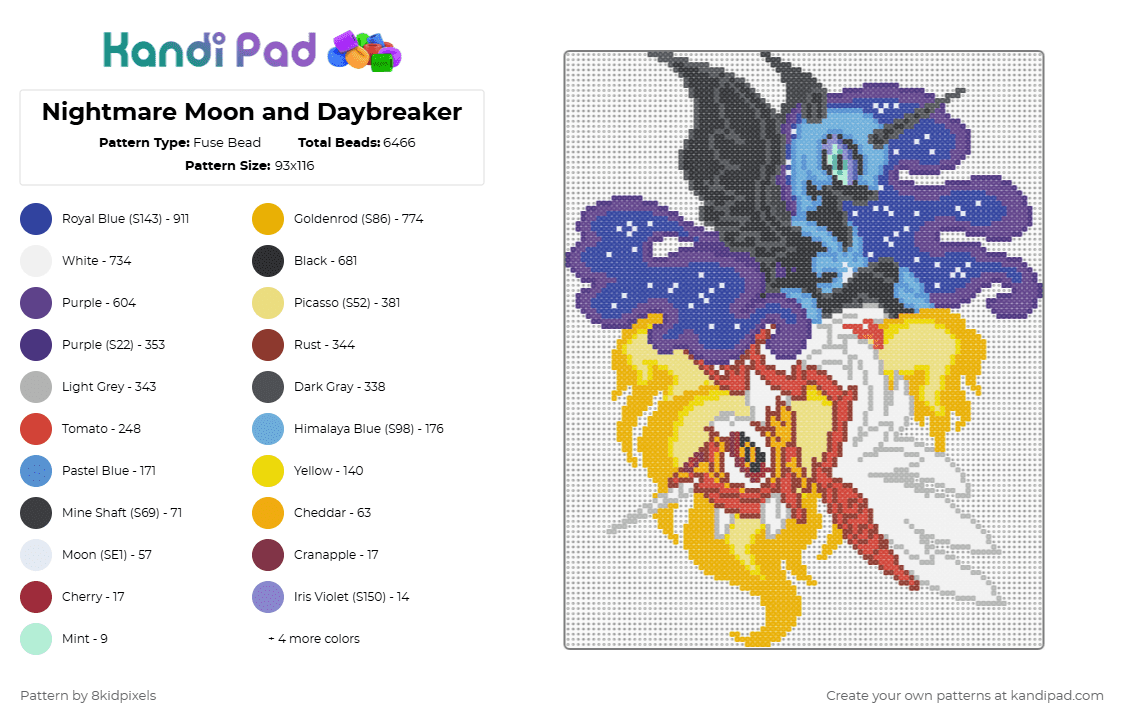 Nightmare Moon and Daybreaker - Fuse Bead Pattern by 8kidpixels on Kandi Pad - purple,orange,yellow,red