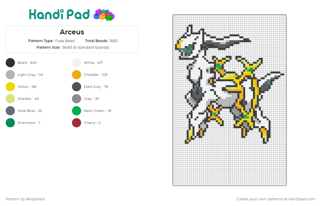 Arceus - Fuse Bead Pattern by 8kidpixels on Kandi Pad - arceus,pokemon,mythical,creature,gaming,horse,white,yellow
