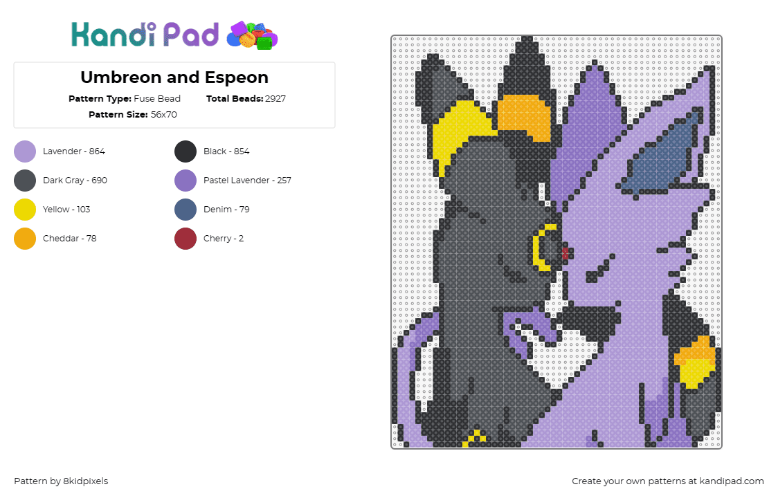 Umbreon and Espeon - Fuse Bead Pattern by 8kidpixels on Kandi Pad - umbreon,espeon,pokemon,eevee,love,gaming,characters,black,purple