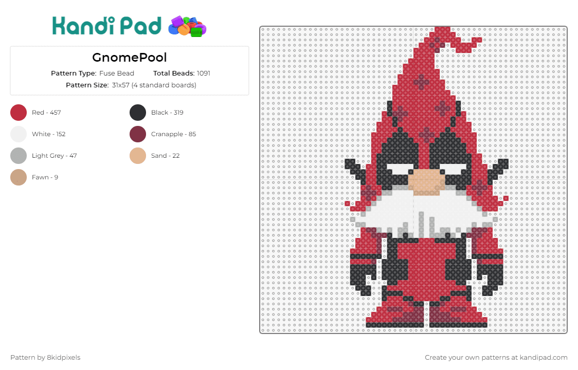 GnomePool - Fuse Bead Pattern by 8kidpixels on Kandi Pad - gnome,deadpool,marvel,superhero