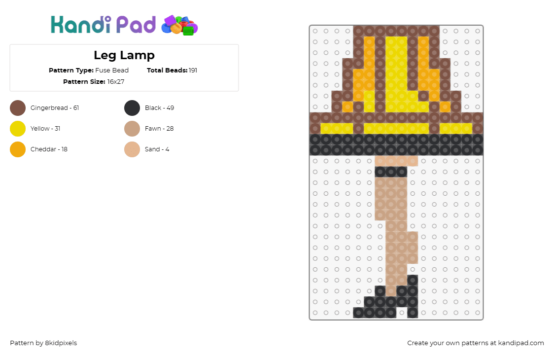 Leg Lamp - Fuse Bead Pattern by 8kidpixels on Kandi Pad - christmas story,leg lamp,holiday season,quirky,film,humorous,tan,yellow