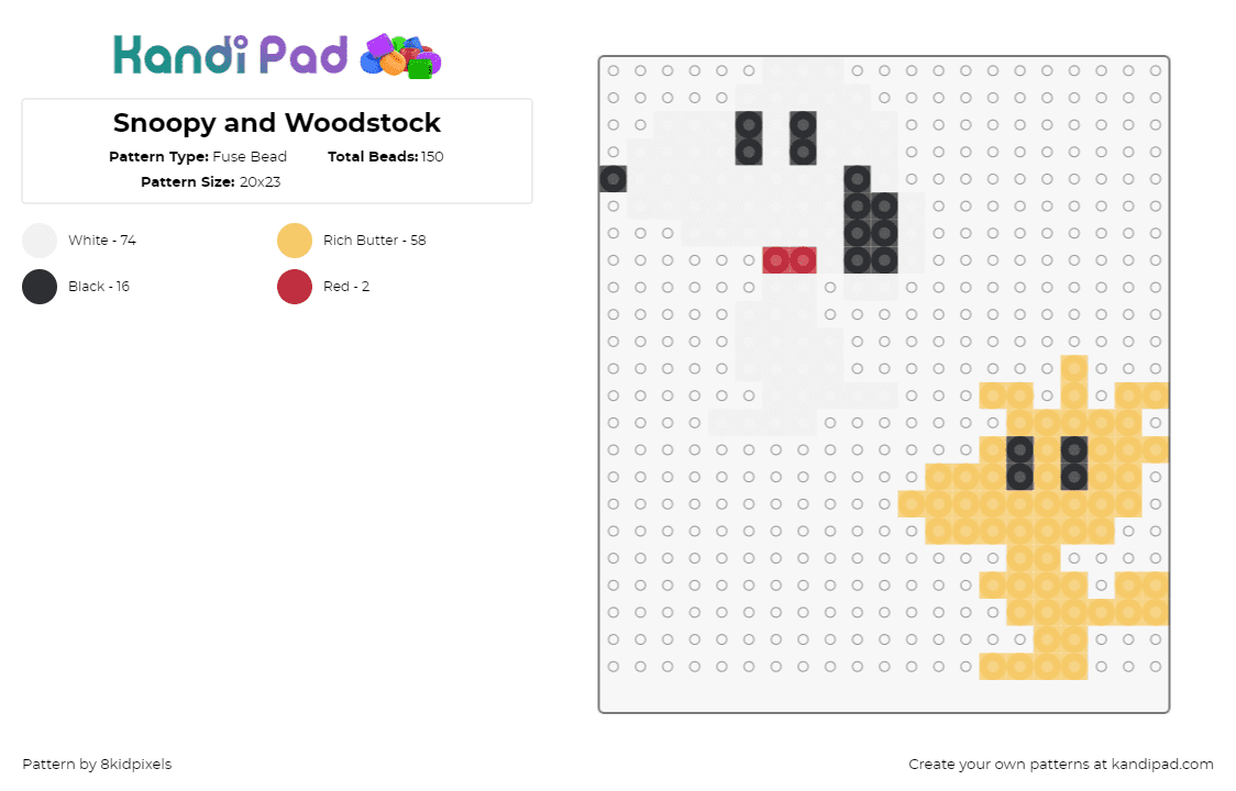 Snoopy and Woodstock - Fuse Bead Pattern by 8kidpixels on Kandi Pad - snoopy,woodstock,peanuts,characters,dog,bird,charlie brown,comic,white,yellow