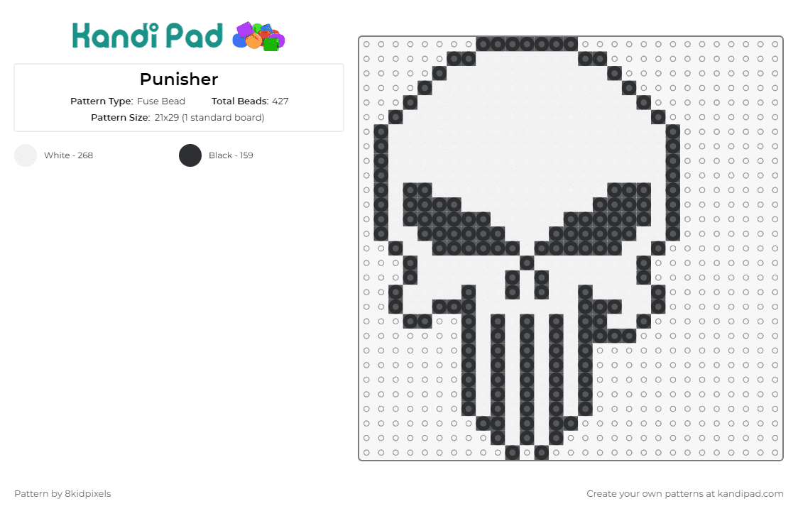 Punisher - Fuse Bead Pattern by 8kidpixels on Kandi Pad - punisher,skull,skeleton,marvel,comics