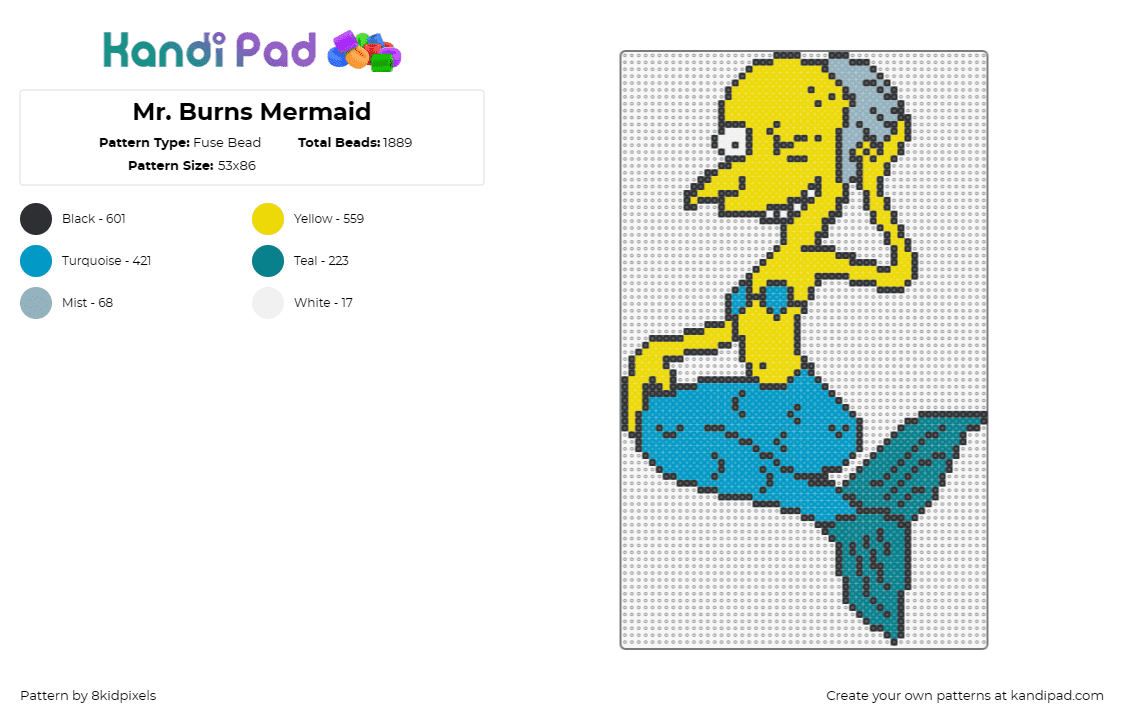 Mr. Burns Mermaid - Fuse Bead Pattern by 8kidpixels on Kandi Pad - mr burns,mermaid,simpsons,cartoon,whimsical,playful,reimagined,sea creature,humo