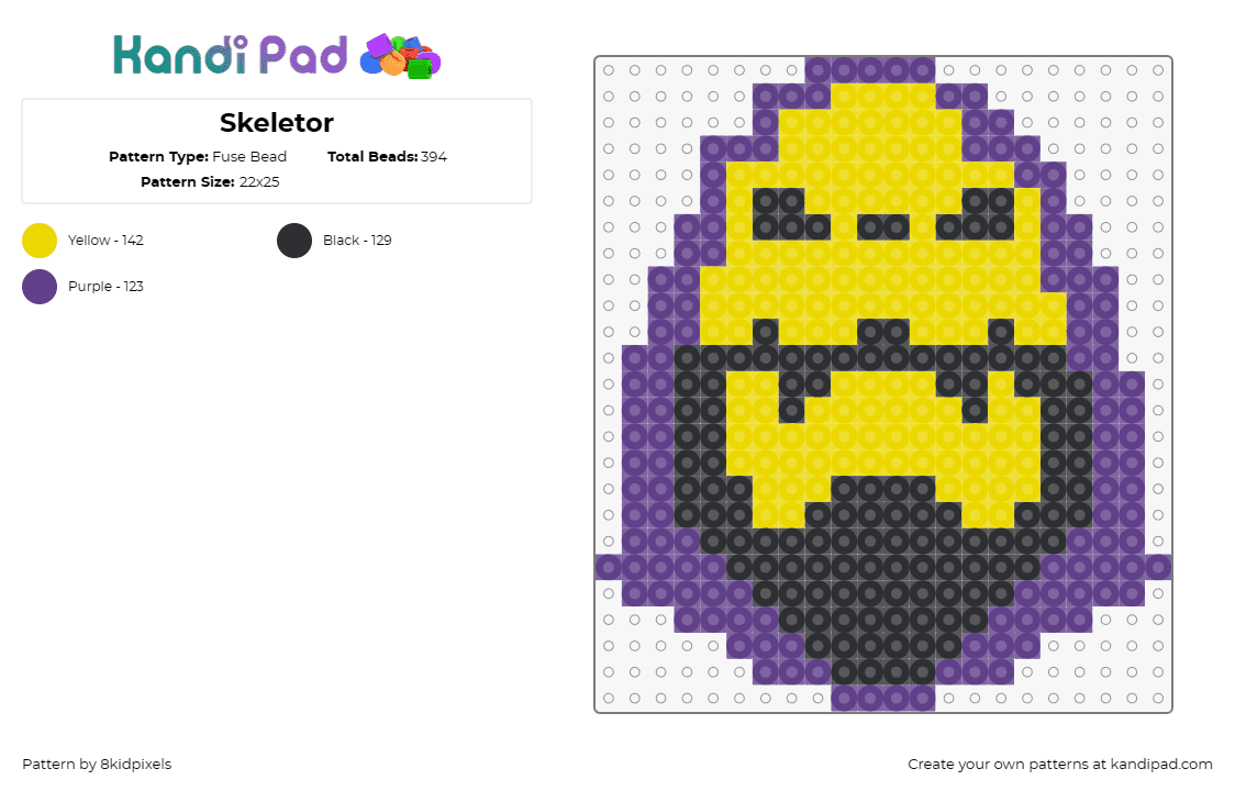 Skeletor - Fuse Bead Pattern by 8kidpixels on Kandi Pad - skeletor,he-man,motu,masters of the universe,80s cartoon,villain,purple,yellow