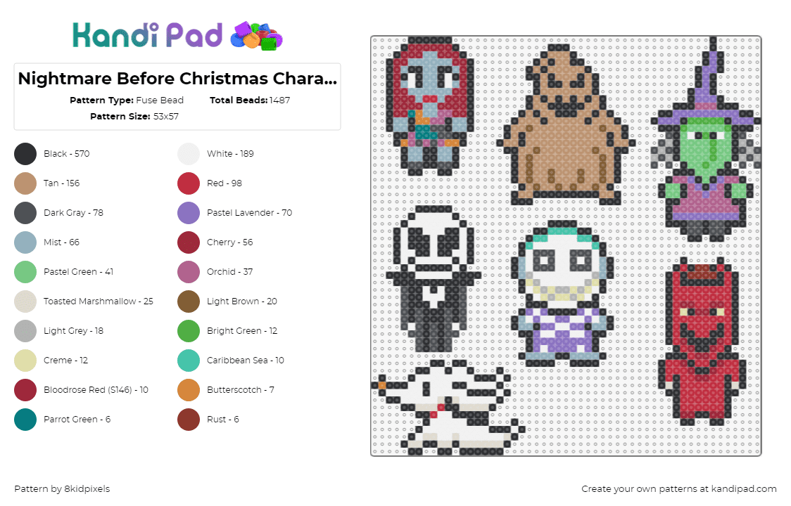 Nightmare Before Christmas Characters - Fuse Bead Pattern by 8kidpixels on Kandi Pad - nightmare before christmas,jack skelington,sally,zero,characters,oogie boogie,witch,devil,chibi,halloween,movie,colorful,red,purple,white,tan