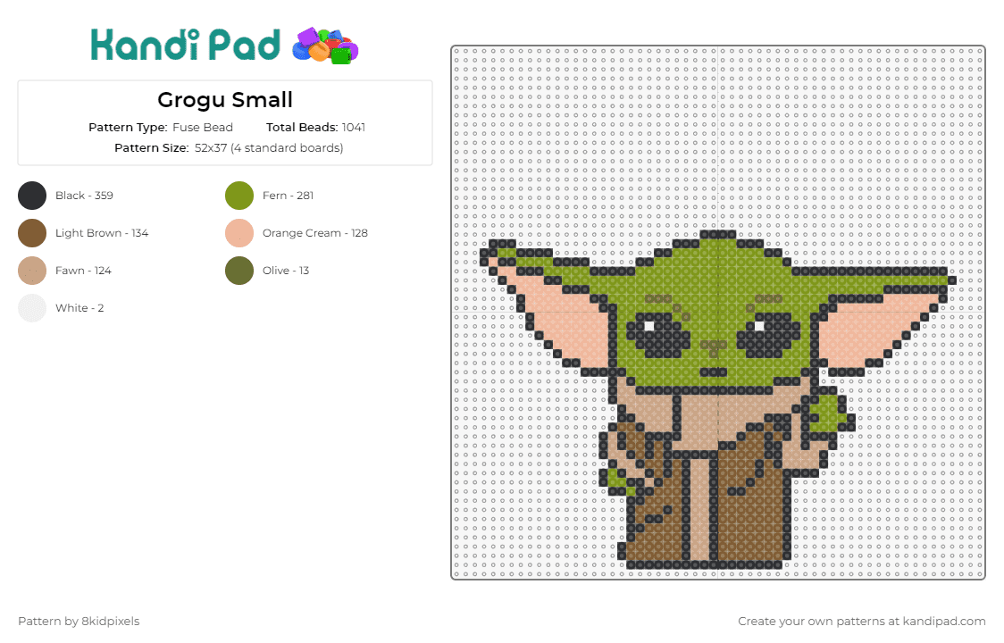 Grogu (The Child) - Fuse Bead Pattern by 8kidpixels on Kandi Pad - grogu,baby yoda,star wars,character,cute,scifi,movie,tv show,jedi,green,brown