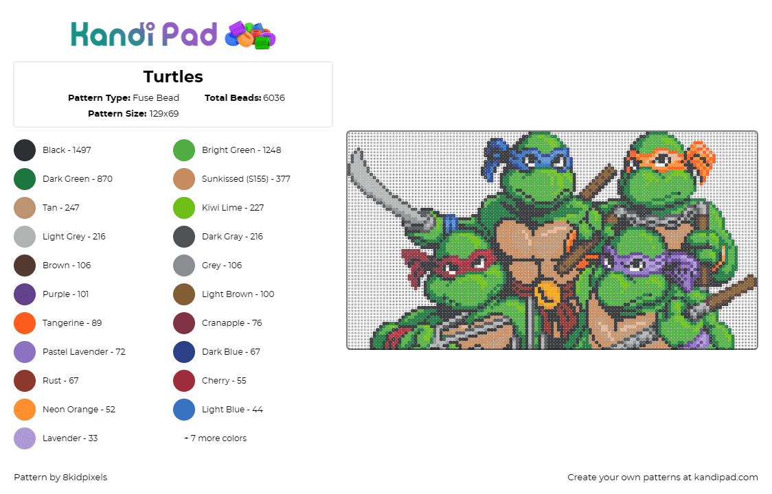 Turtles - Fuse Bead Pattern by 8kidpixels on Kandi Pad - tmnt,teenage mutant ninja turtles,hero,adventure,karate,nostalgic,reptile,team,g