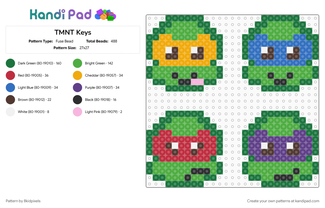 TMNT Keys - Fuse Bead Pattern by 8kidpixels on Kandi Pad - green