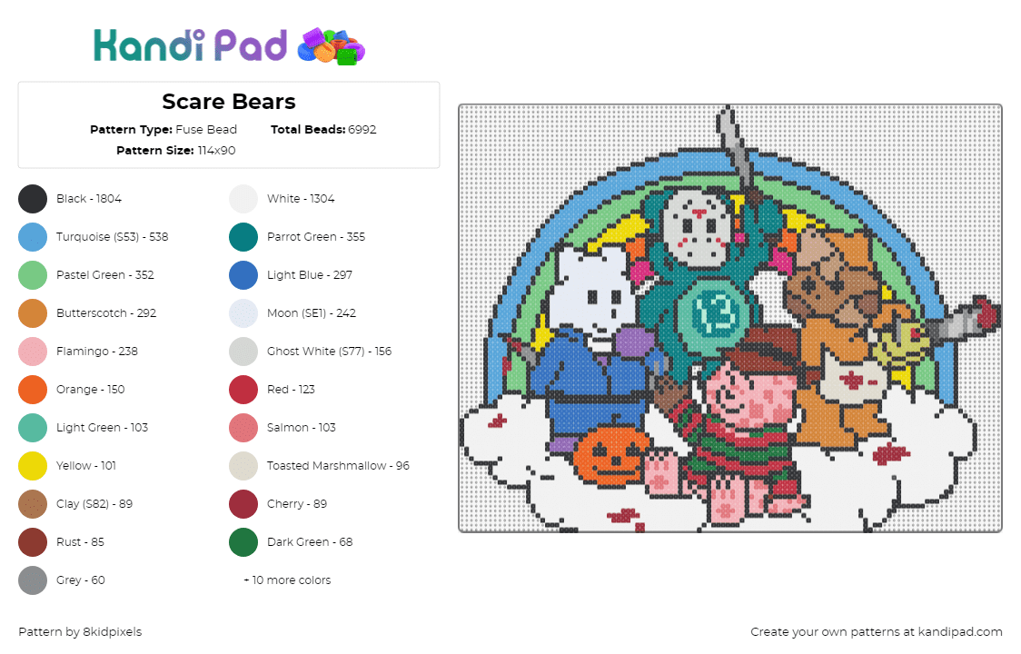 Scare Bears - Fuse Bead Pattern by 8kidpixels on Kandi Pad - care bears,horror,costume,characters,cute,halloween,freddy krueger,jason voorhees,colorful,mashup,red,blue