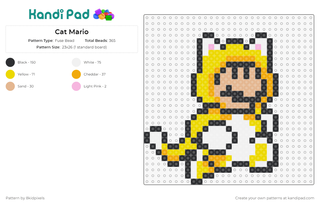 Cat Mario - Fuse Bead Pattern by 8kidpixels on Kandi Pad - mario,nintendo,video games