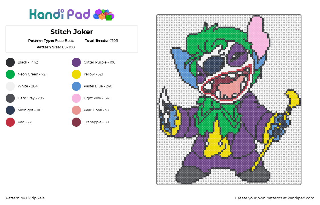 Stitch Joker - Fuse Bead Pattern by 8kidpixels on Kandi Pad - stitch,joker,mashup,costume,disney,comic,lilo and stitch,batman,halloween,charac