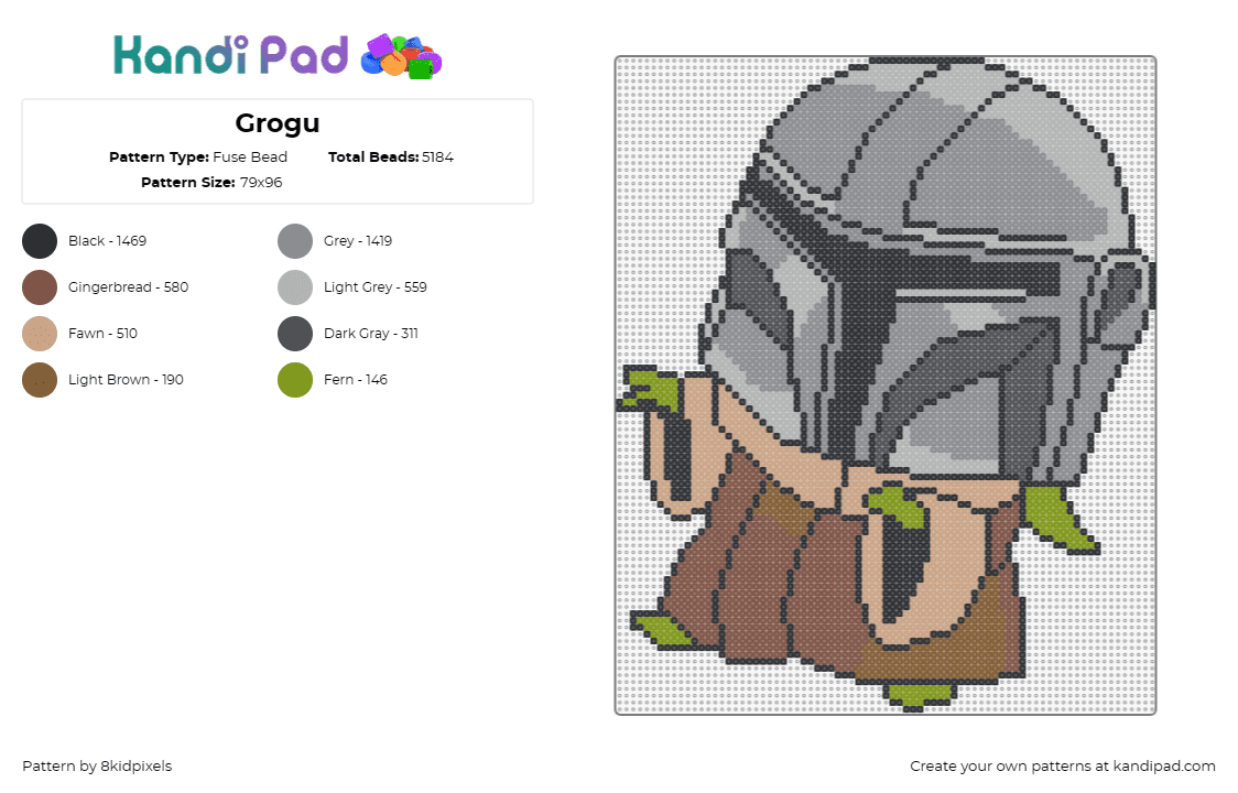 Grogu - Fuse Bead Pattern by 8kidpixels on Kandi Pad - grogu,baby yoda,star wars,character,scifi,movie,helmet,silly,cute,gray,brown