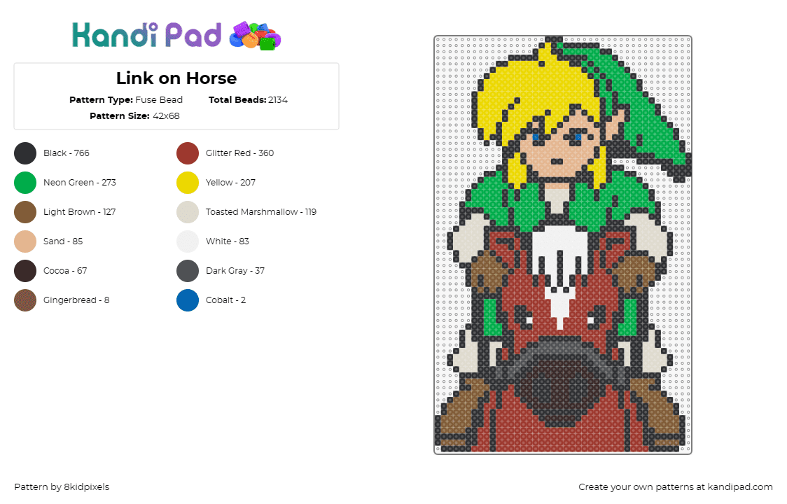 Link on Horse - Fuse Bead Pattern by 8kidpixels on Kandi Pad - link,legend of zelda,horse,video game,adventure,animal,character,brown,green